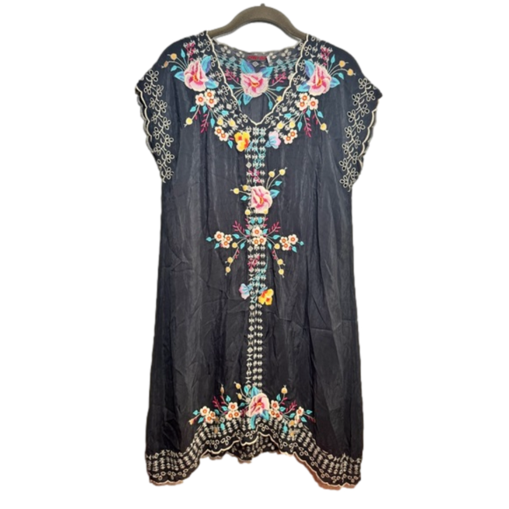 Johnny Was Black Embroidered Floral Midi Dress
